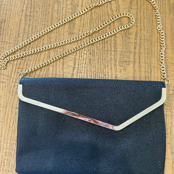 Henri Bendel Leather Clutch Black with Gold Trim and Chain - Picture 2 of 9